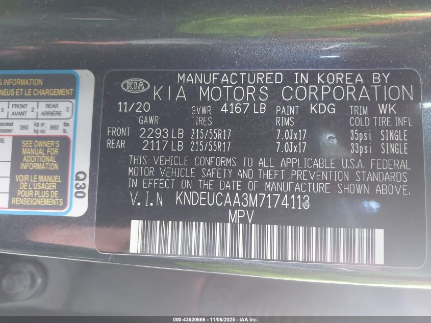 2021 Kia Seltos S VIN: KNDEUCAA3M7174113 Lot: 43620666