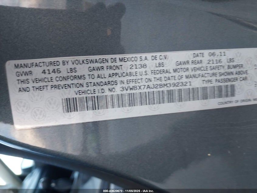 3VWBX7AJ2BM392321 2011 VOLKSWAGEN JETTA photo no. 9