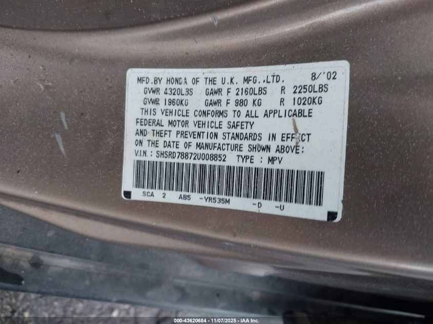 2002 Honda Cr-V Ex VIN: SHSRD78872U008852 Lot: 43620684