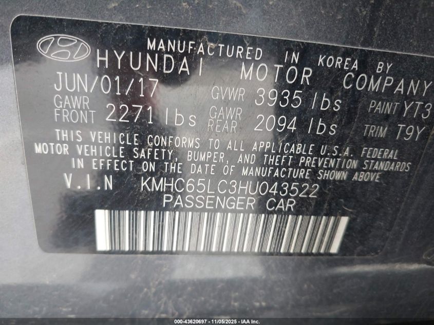 2017 Hyundai Ioniq Hybrid Blue VIN: KMHC65LC3HU043522 Lot: 43620697