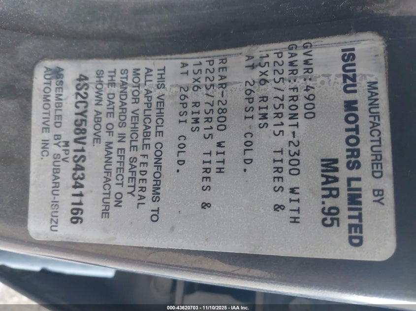 1995 Isuzu Rodeo S/Ls VIN: 4S2CY58V1S4341166 Lot: 43620703