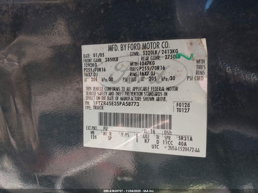 2005 Ford Ranger Edge/Fx4 Level Ii/Fx4 Off-Road/Xlt VIN: 1FTZR45E35PA58773 Lot: 43620707