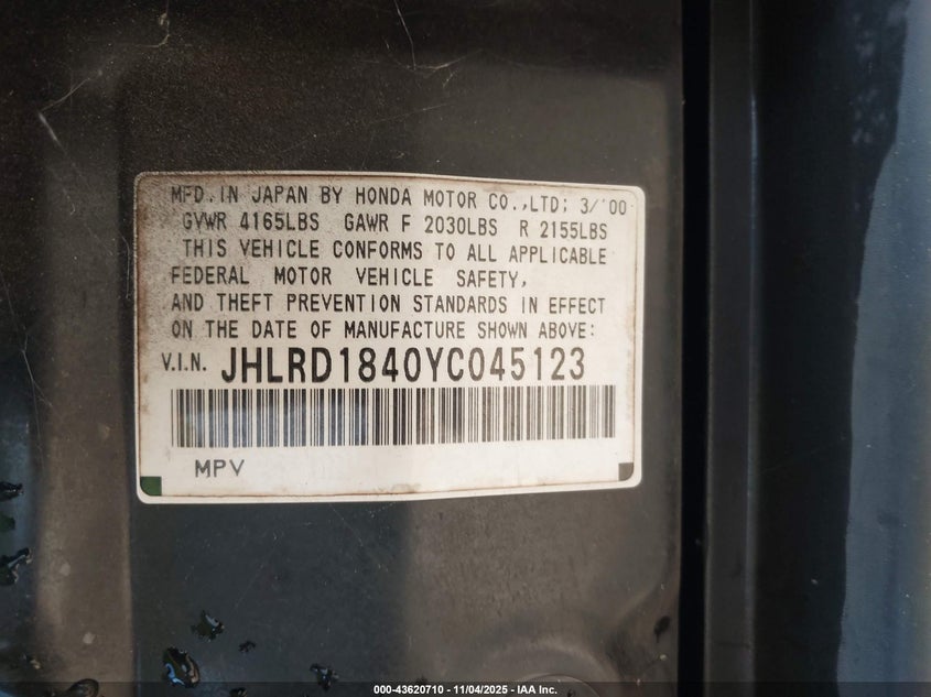 2000 Honda Cr-V Lx VIN: JHLRD1840YC045123 Lot: 43620710