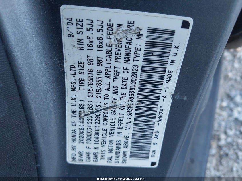 2005 Honda Cr-V Se VIN: SHSRD78965U302823 Lot: 43620711