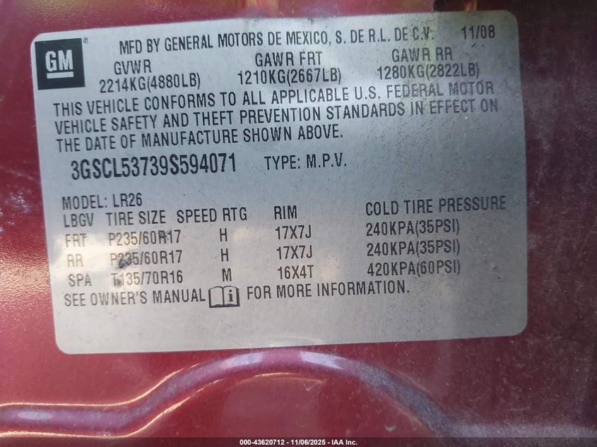 2009 Saturn Vue V6 Xr VIN: 3GSCL53739S594071 Lot: 43620712