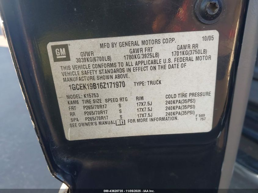 2006 Chevrolet Silverado 1500 Lt3 VIN: 1GCEK19B16Z171970 Lot: 43620735