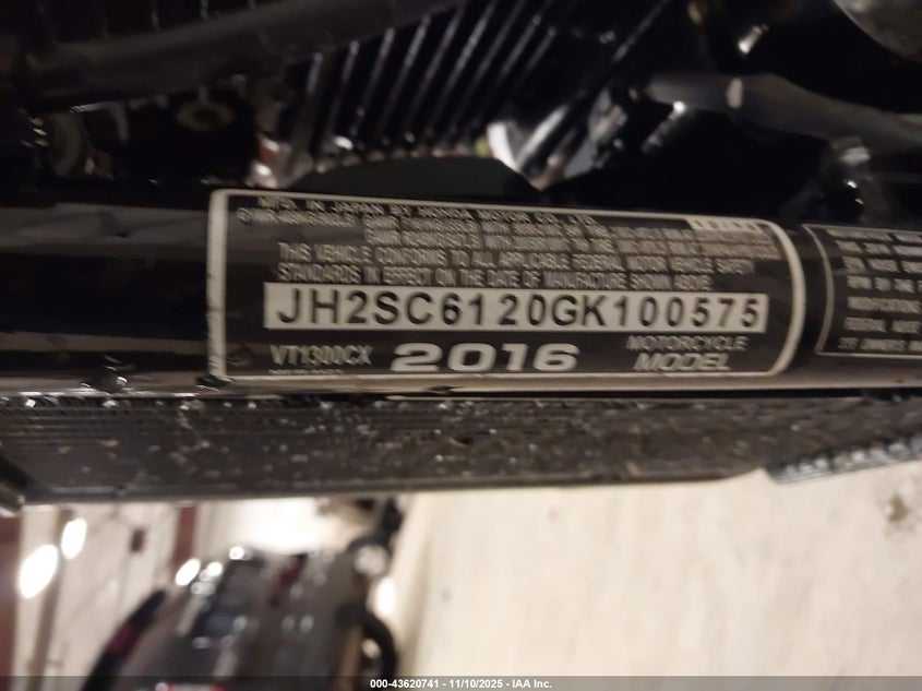 2016 Honda Vt1300 Cx VIN: JH2SC6120GK100575 Lot: 43620741