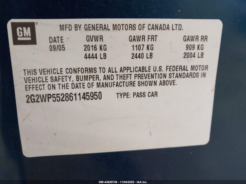 2006 Pontiac Grand Prix VIN: 2G2WP552861145950 Lot: 43620746