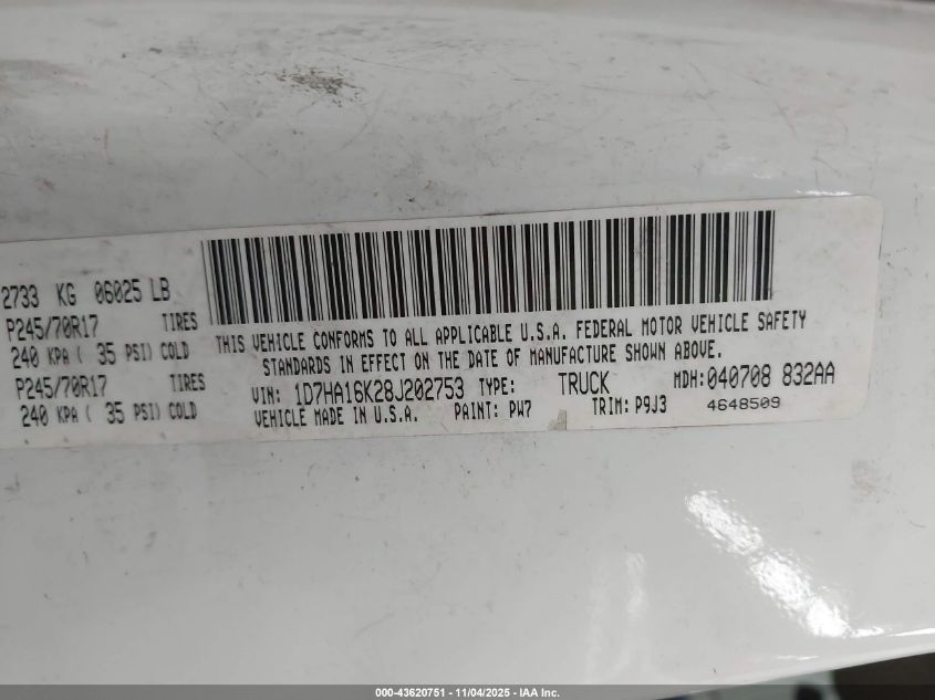 2008 Dodge Ram 1500 St/Sxt VIN: 1D7HA16K28J202753 Lot: 43620751