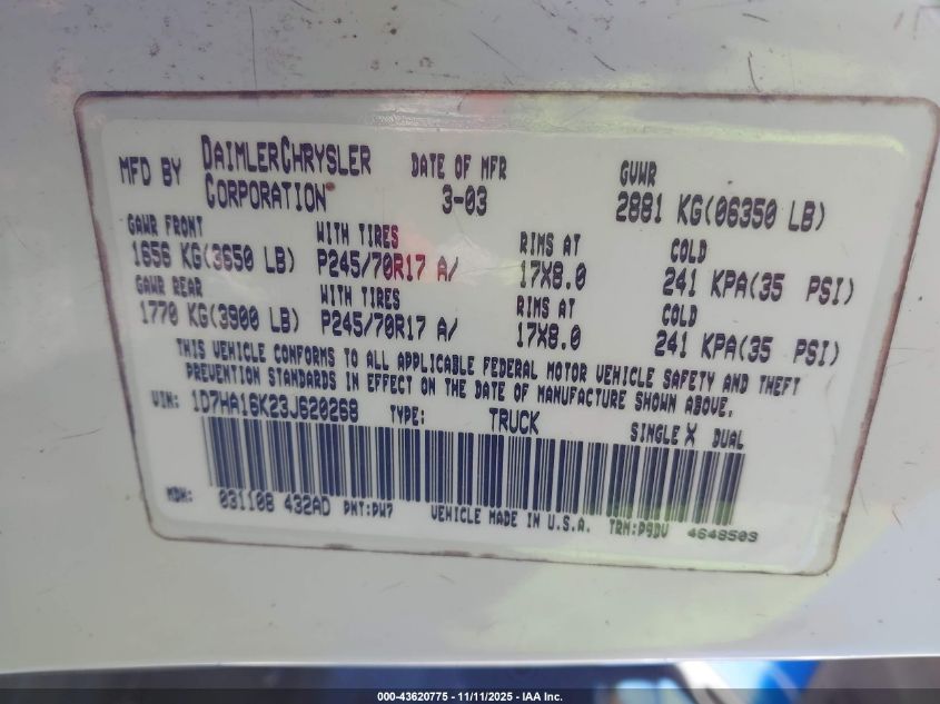 2003 Dodge Ram 1500 St VIN: 1D7HA16K23J620268 Lot: 43620775