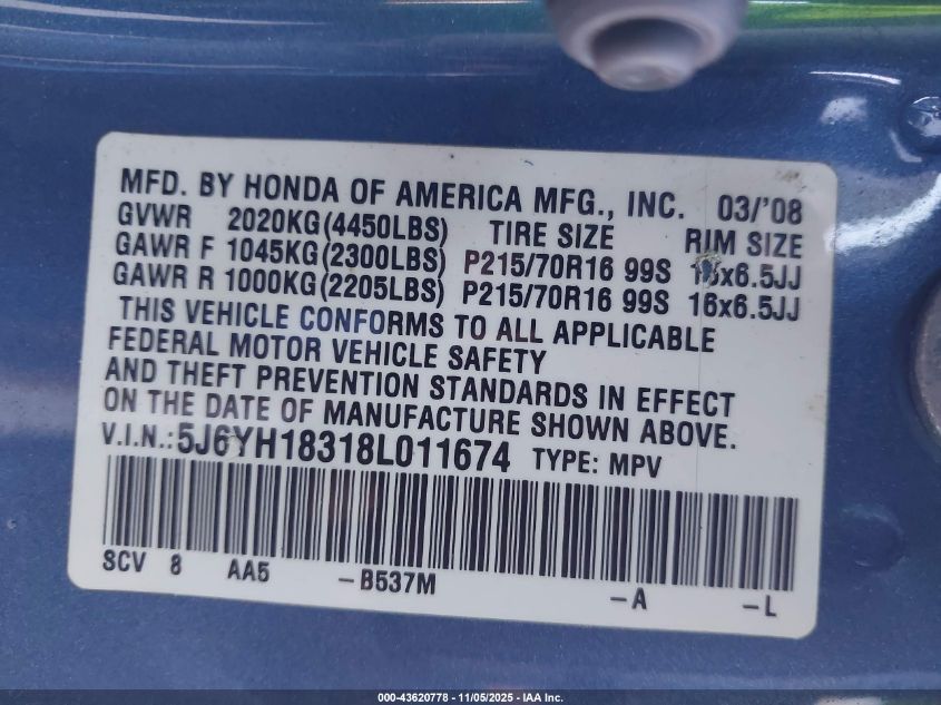 2008 Honda Element Lx VIN: 5J6YH18318L011674 Lot: 43620778