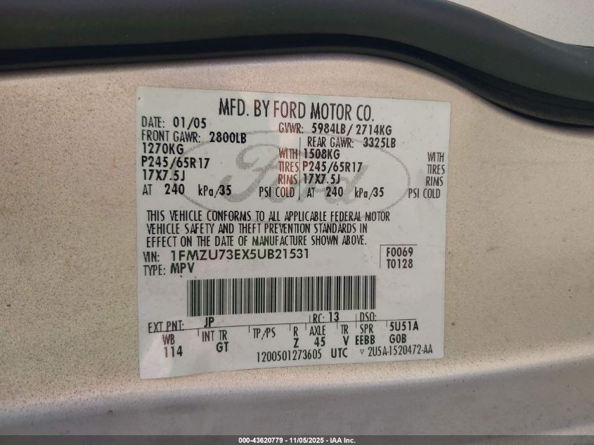 2005 Ford Explorer Xlt/Xlt Sport VIN: 1FMZU73EX5UB21531 Lot: 43620779