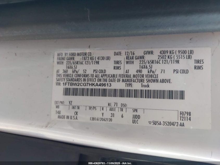 2017 Ford Transit-350 VIN: 1FTBW2CG7HKA49613 Lot: 43620783