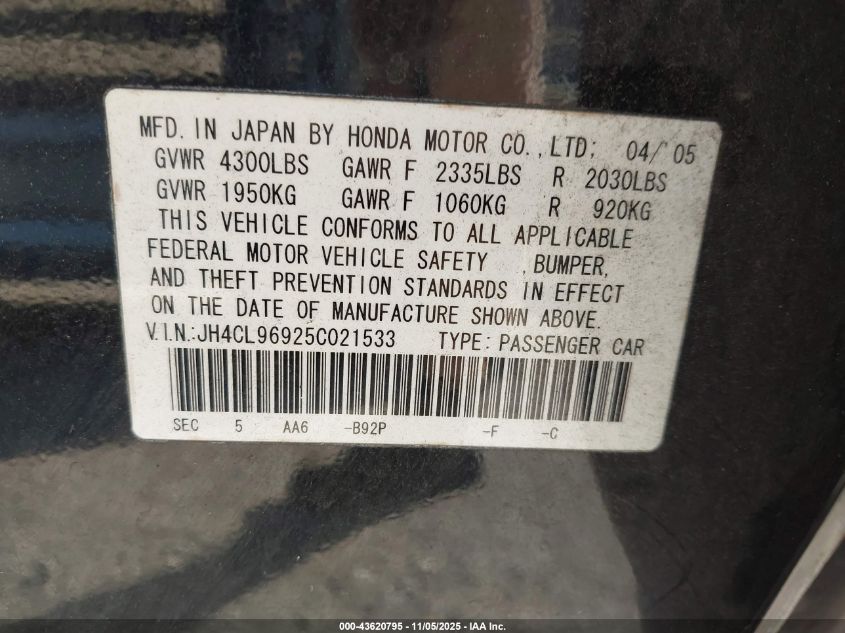 2005 Acura Tsx VIN: JH4CL96925C021533 Lot: 43620795