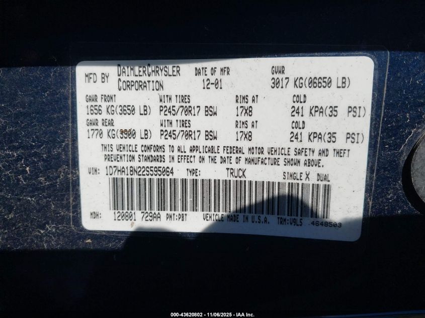 2002 Dodge Ram 1500 St VIN: 1D7HA18N22S595064 Lot: 43620802