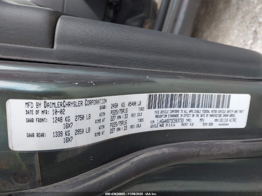 2003 Jeep Grand Cherokee Laredo VIN: 1J4GW48S73C563733 Lot: 43620805