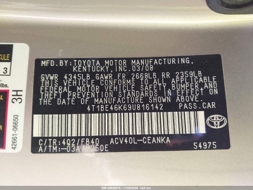 2009 Toyota Camry Le VIN: 4T1BE46K69U816142 Lot: 43620815