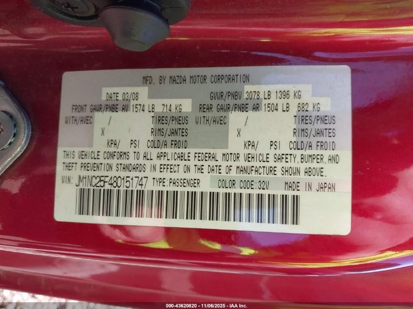 2008 Mazda Mx-5 Sport VIN: JM1NC25F480151747 Lot: 43620820
