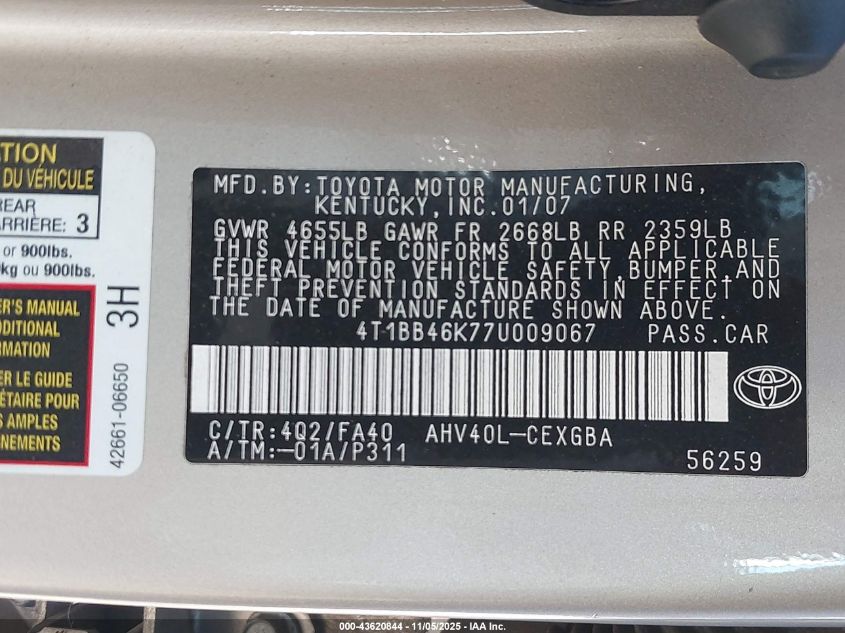 2007 Toyota Camry Hybrid VIN: 4T1BB46K77U009067 Lot: 43620844