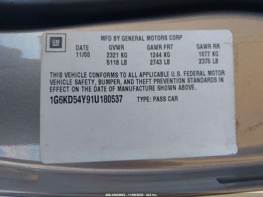 1G6KD54Y91U180537 2001 CADILLAC DE VILLE photo no. 9