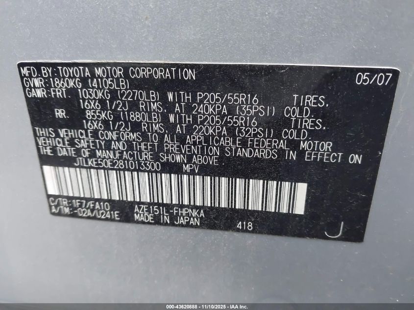 2008 Scion Xb VIN: JTLKE50E281013300 Lot: 43620888