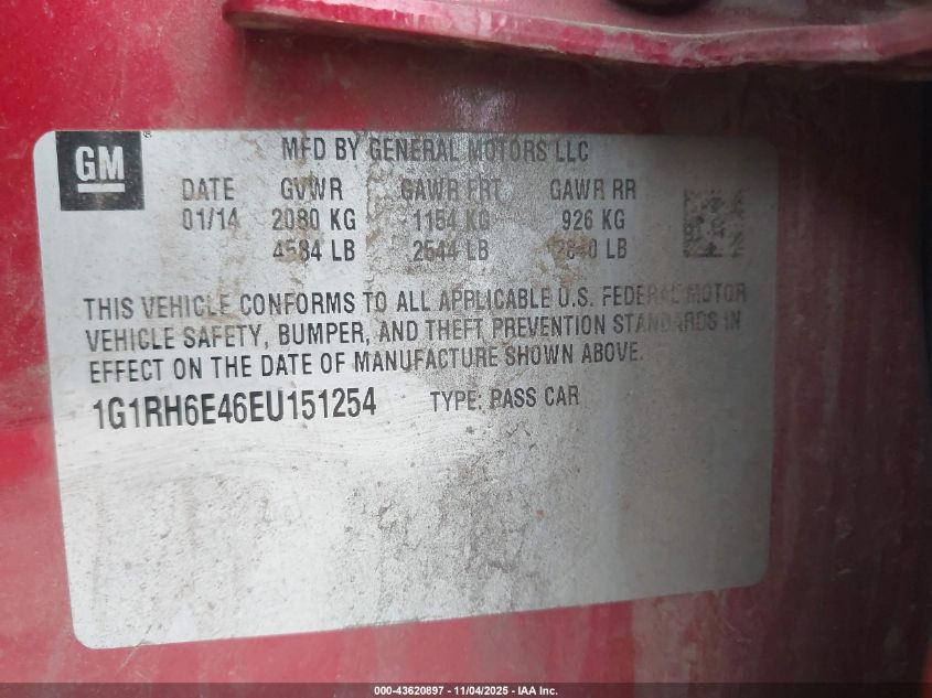 2014 Chevrolet Volt VIN: 1G1RH6E46EU151254 Lot: 43620897