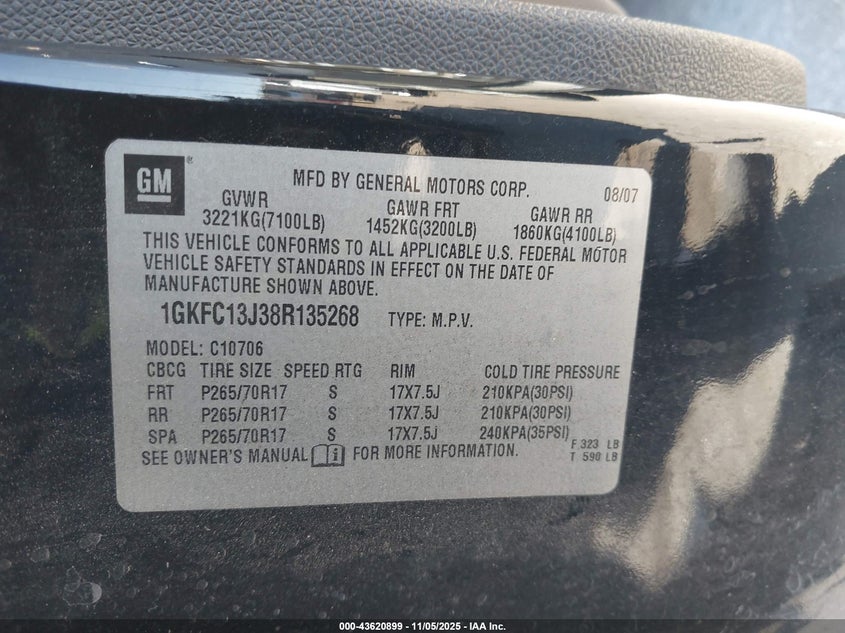 2008 GMC Yukon Slt VIN: 1GKFC13J38R135268 Lot: 43620899