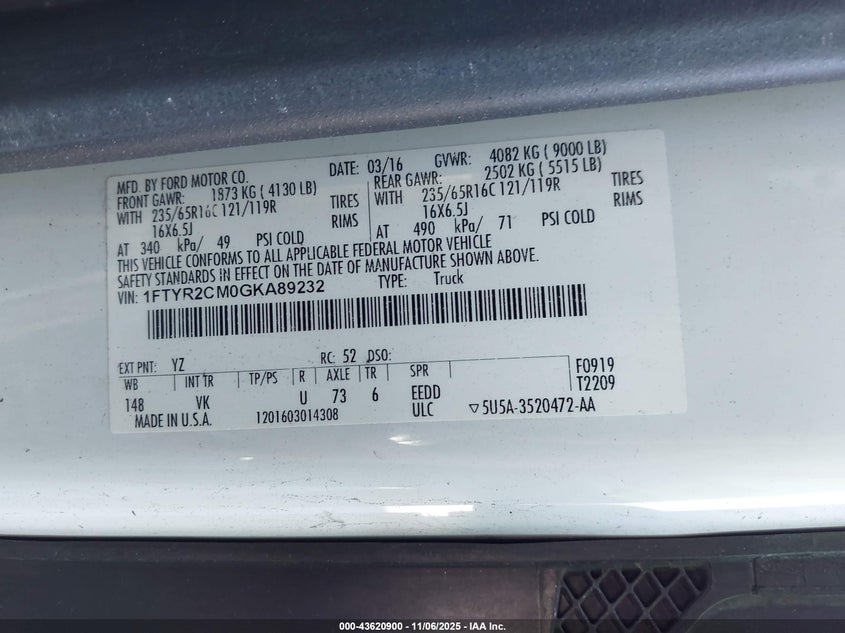 2016 Ford Transit-250 VIN: 1FTYR2CM0GKA89232 Lot: 43620900