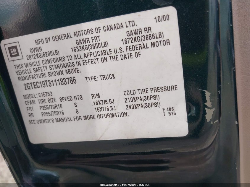2001 GMC Sierra 1500 Sle VIN: 2GTEC19T311183786 Lot: 43620915