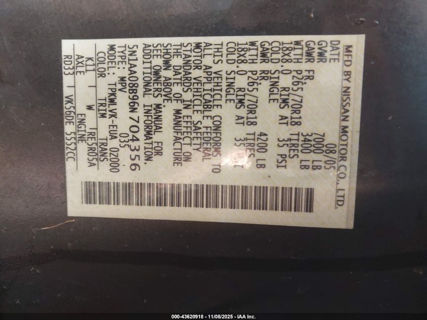 2006 Nissan Armada Le VIN: 5N1AA08B96N704356 Lot: 43620918