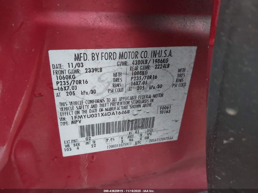 2004 Ford Escape Xlt VIN: 1FMYU031X4DA16468 Lot: 43620919