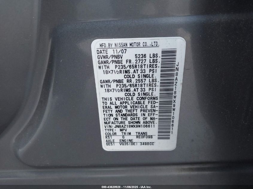 2009 Nissan Murano Sl VIN: JN8AZ18WX9W106611 Lot: 43620928