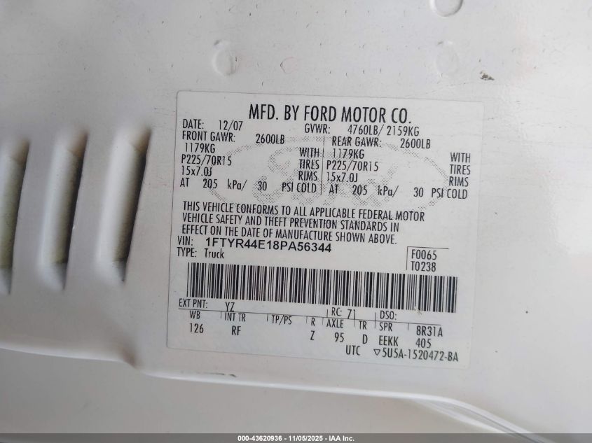 2008 Ford Ranger Sport/Xlt VIN: 1FTYR44E18PA56344 Lot: 43620936