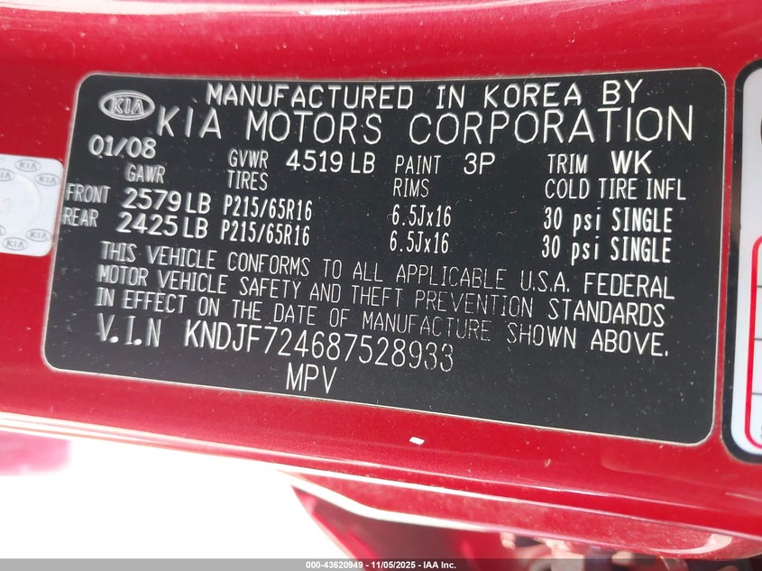 2008 Kia Sportage Lx VIN: KNDJF724687528933 Lot: 43620949