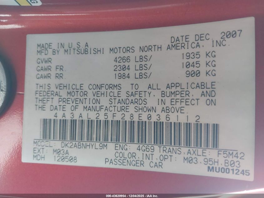 2008 Mitsubishi Eclipse Spyder Gs VIN: 4A3AL25F28E036112 Lot: 43620954