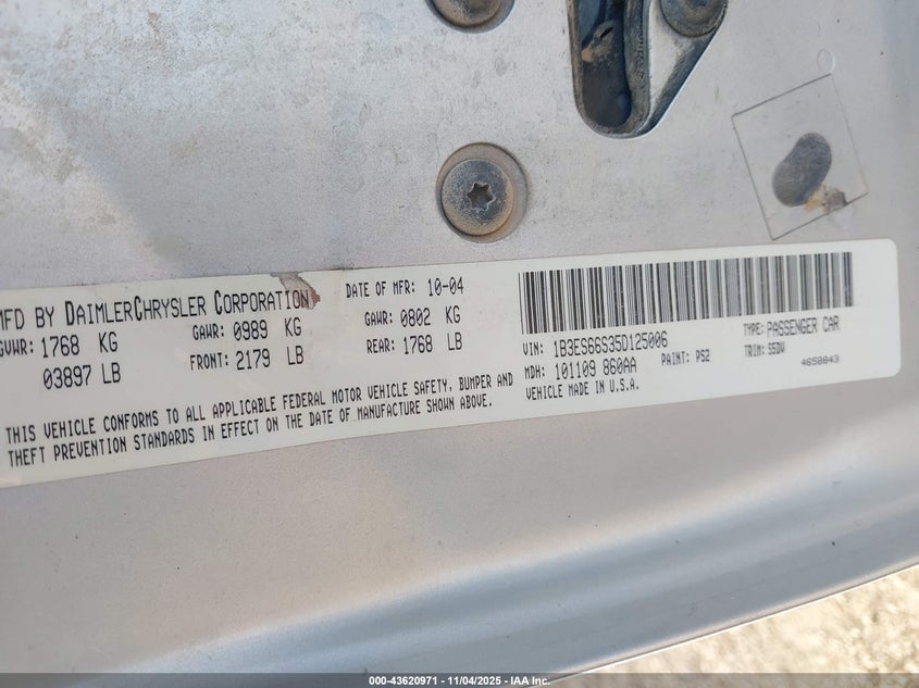 1B3ES66S35D125006 2005 DODGE NEON photo no. 9