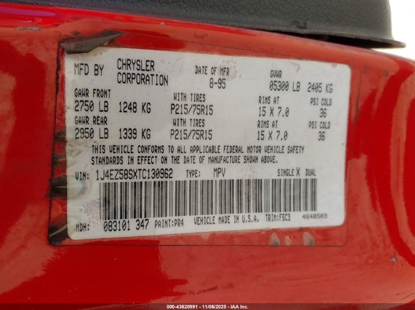 1996 Jeep Grand Cherokee Laredo VIN: 1J4EZ58SXTC130962 Lot: 43620991