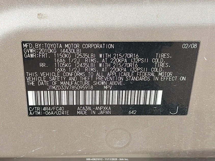 2008 Toyota Rav4 VIN: JTMZD33V785095918 Lot: 43621012