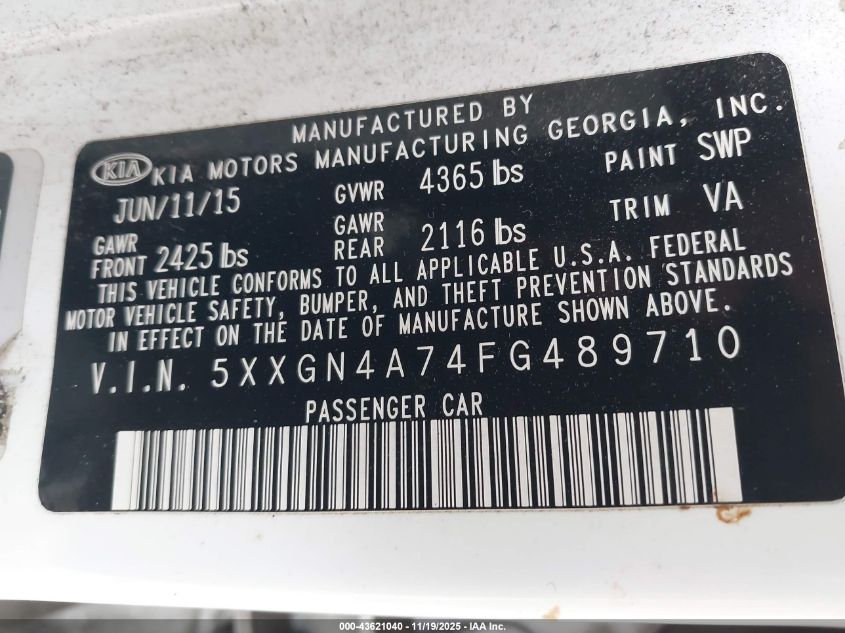 2015 Kia Optima Ex VIN: 5XXGN4A74FG489710 Lot: 43621040