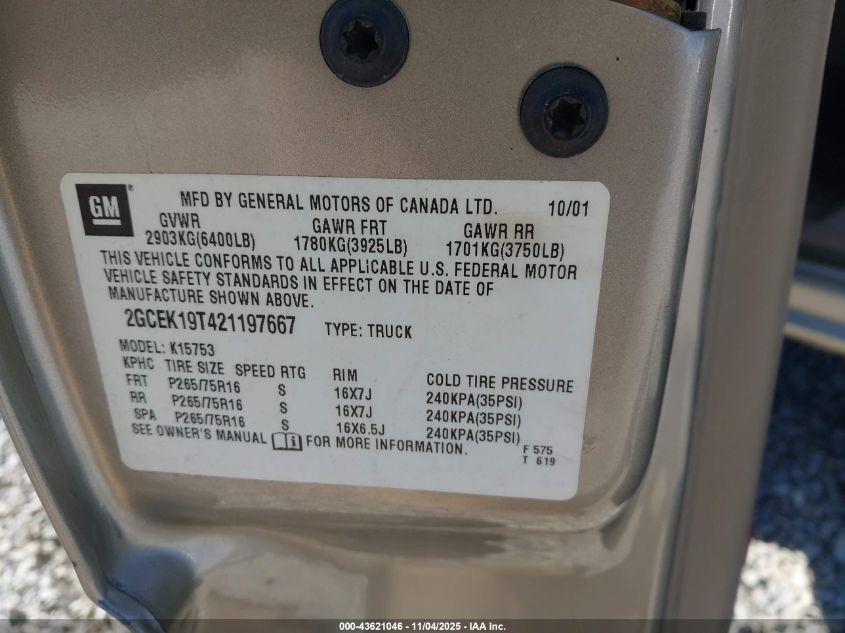 2002 Chevrolet Silverado 1500 Ls VIN: 2GCEK19T421197667 Lot: 43621046