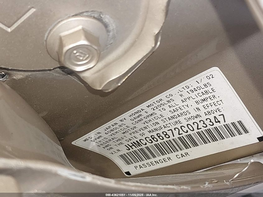 2002 Honda Accord 2.3 Ex/2.3 Se VIN: JHMCG66872C023347 Lot: 43621051