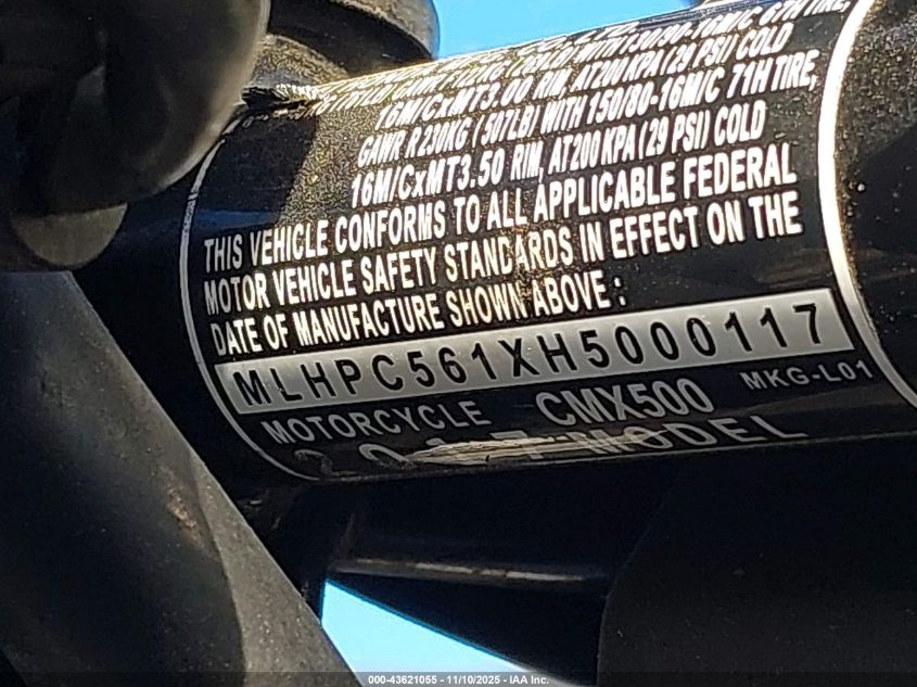 2017 Honda Cmx500 VIN: MLHPC561XH5000117 Lot: 43621055