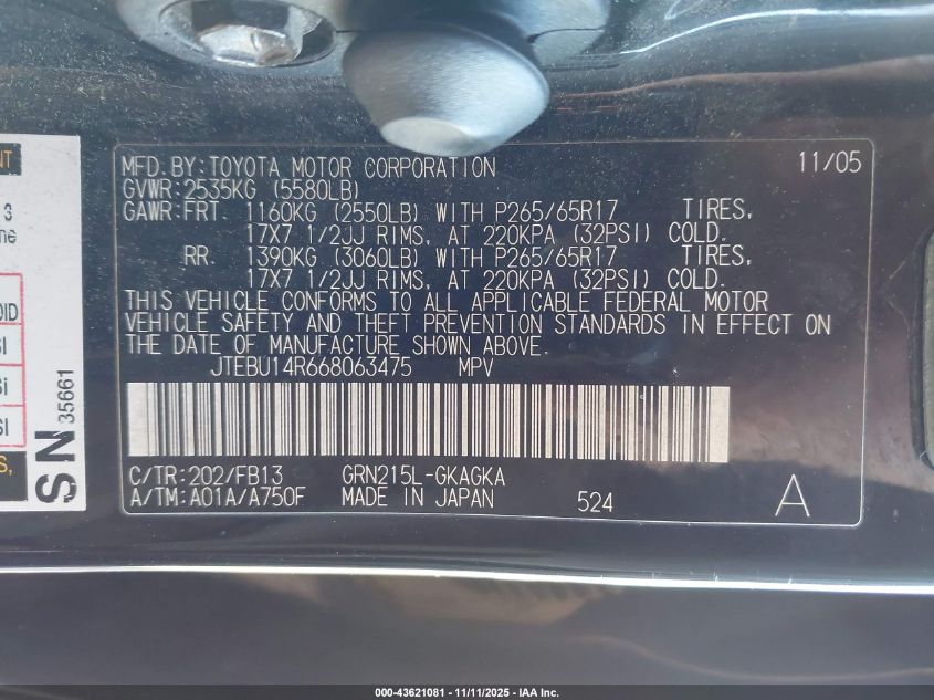 2006 Toyota 4Runner Sr5 Sport V6 VIN: JTEBU14R668063475 Lot: 43621081