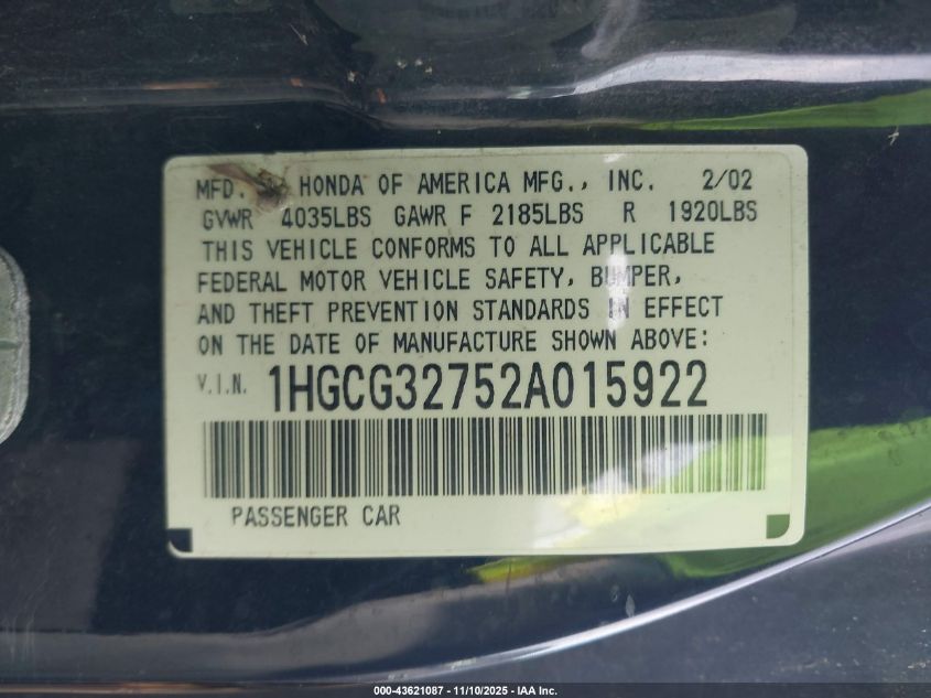 2002 Honda Accord 2.3 Ex VIN: 1HGCG32752A015922 Lot: 43621087