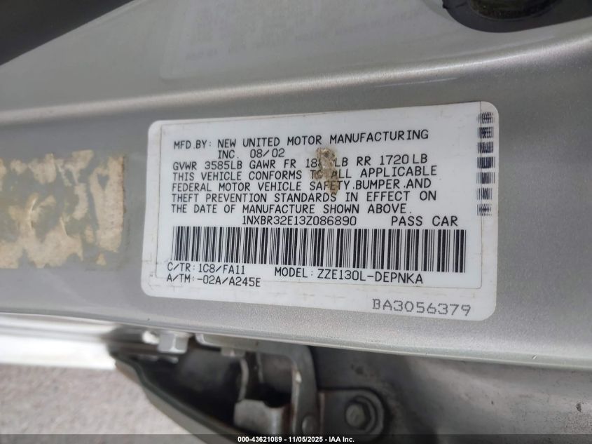 2003 Toyota Corolla Le VIN: 1NXBR32E13Z086890 Lot: 43621089