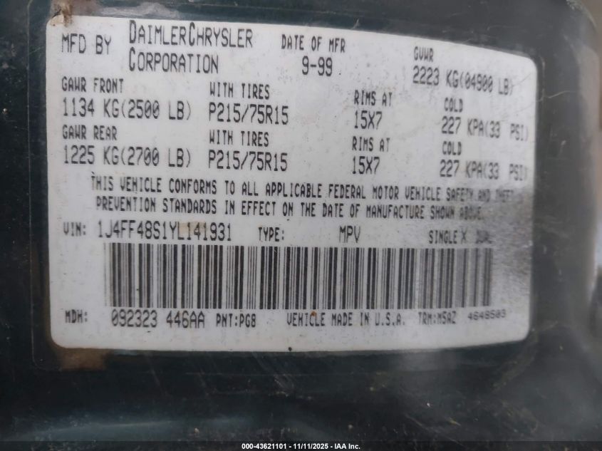 2000 Jeep Cherokee Sport VIN: 1J4FF48S1YL141931 Lot: 43621101