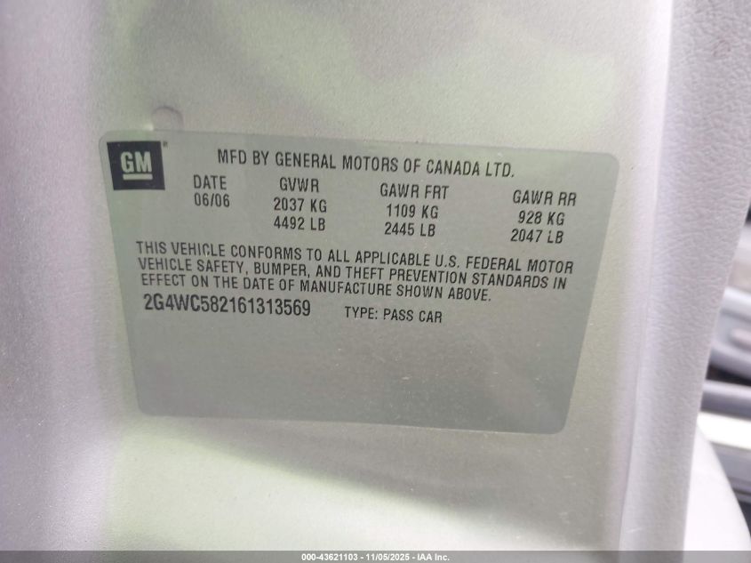 2006 Buick Lacrosse Cx VIN: 2G4WC582161313569 Lot: 43621103