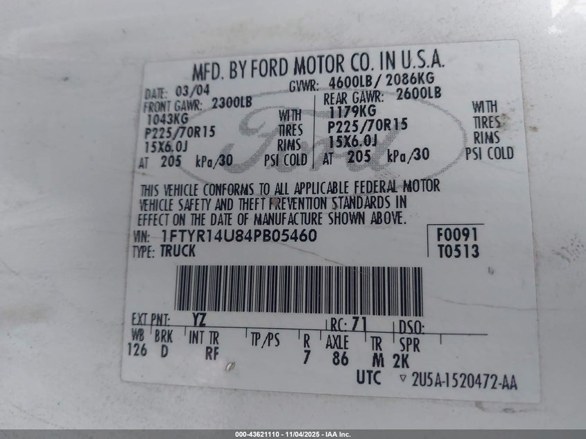 2004 Ford Ranger Super Cab VIN: 1FTYR14U84PB05460 Lot: 43621110