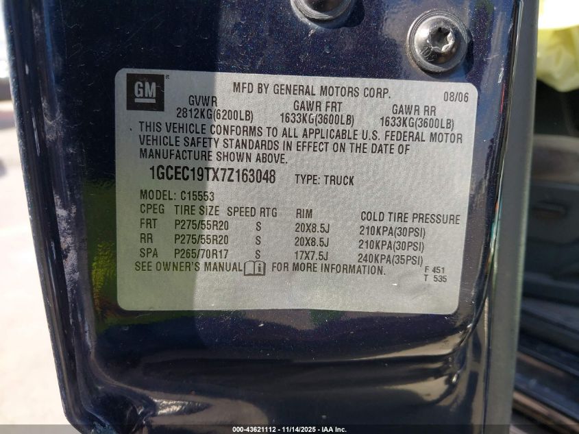 2007 Chevrolet Silverado 1500 Classic Lt2 VIN: 1GCEC19TX7Z163048 Lot: 43621112