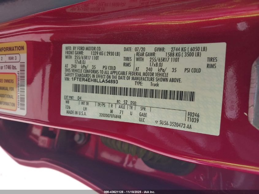 2020 Ford Ranger Xlt VIN: 1FTER4EH8LLA54893 Lot: 43621128